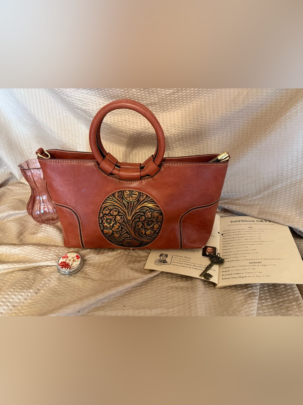 Western Cognac Brown Floral Tooled Look Satchel Handbag